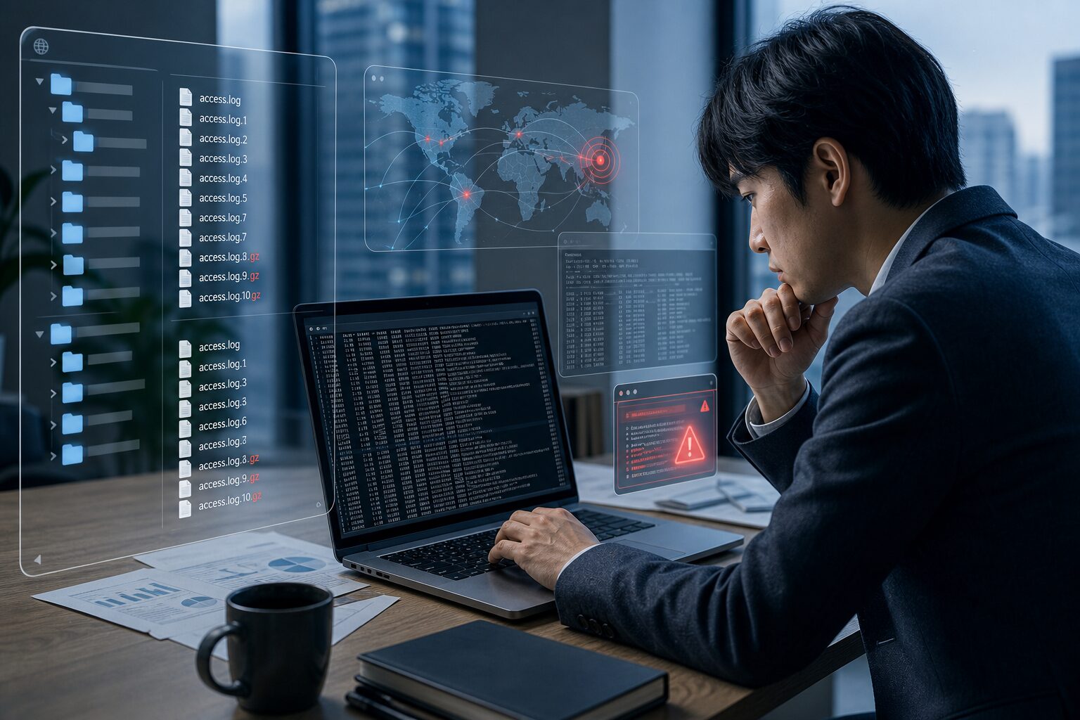 An editorial cybersecurity scene showing a Japanese web administrator inspecting WordPress server access logs on a laptop in a modern office, multiple domain folders and log files visualized as a clean translucent interface around the screen, subtle network lines and security scan motifs, hints of compressed .gz log archives and terminal output, a sense of urgent vulnerability assessment and incident response, professional blog-article hero image, realistic lighting, cool blue and gray palette with red warning accents, high detail, no text, no logos, no branding