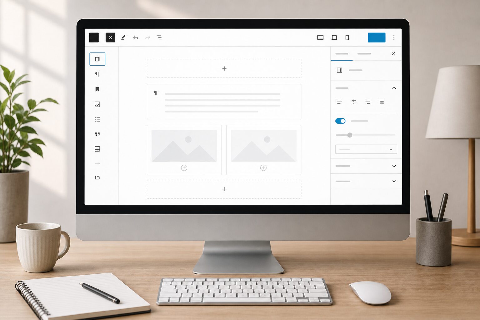 Create a clean editorial-style illustration of an empty WordPress block editor interface on a modern desktop screen, showing a blank page ready for editing with subtle block placeholders, calm neutral tones, and a professional instructional feel; include a minimalist workspace with keyboard, notebook, and soft lighting, high-detail, crisp UI-inspired design, no text, no logos, no branding, no captions.