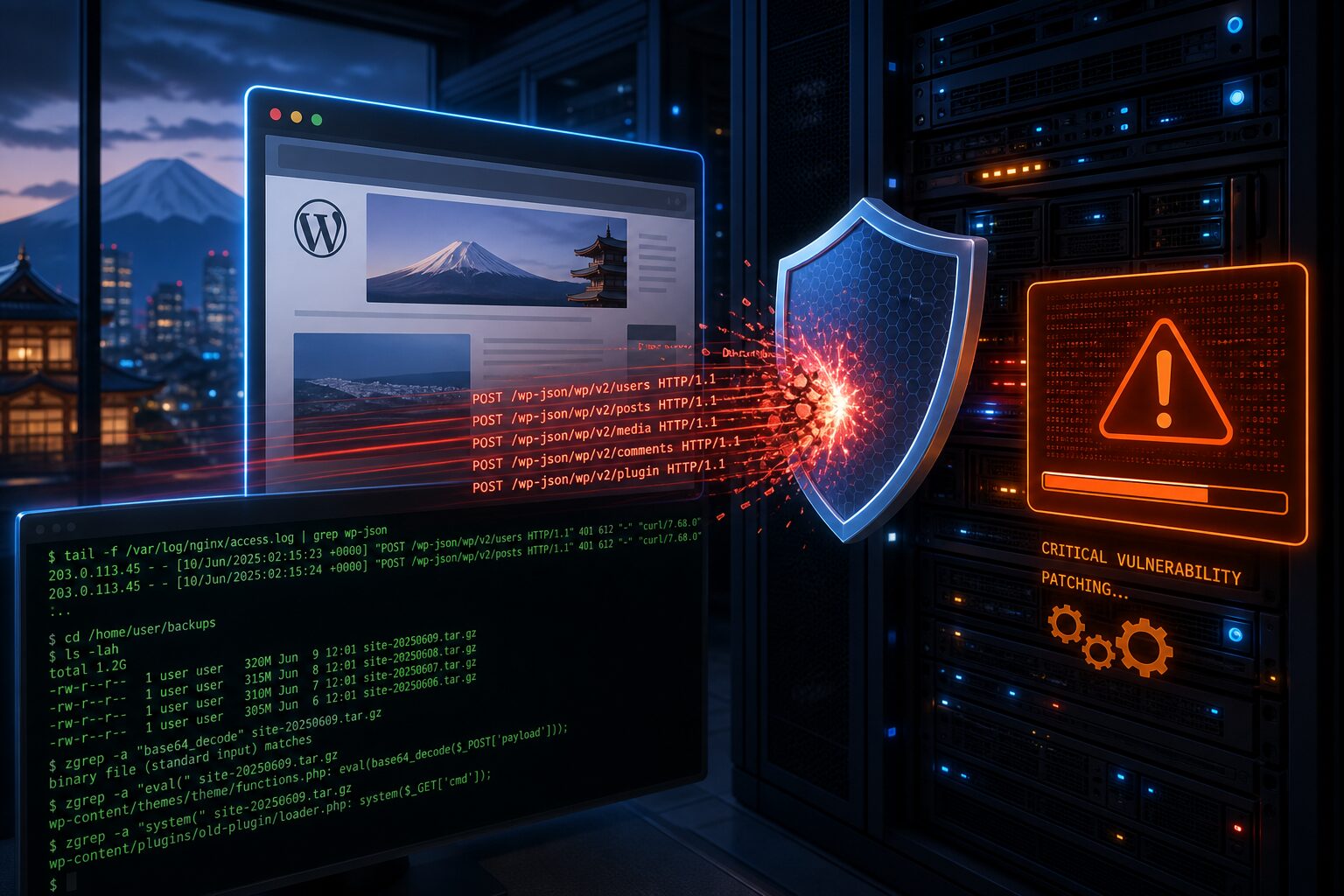 Editorial cybersecurity illustration of a WordPress site on a shared hosting server being urgently protected from an external exploit attempt: a glowing browser window and server rack in a Japanese data center, a stream of suspicious HTTP requests targeting a REST API endpoint, a terminal screen showing log scanning and gzip archives, an alert symbol indicating critical vulnerability patching, and a shield blocking malicious code injection. Clean modern technical style, realistic lighting, blue and orange security color palette, high detail, no text, no logos, no branding, no UI labels.