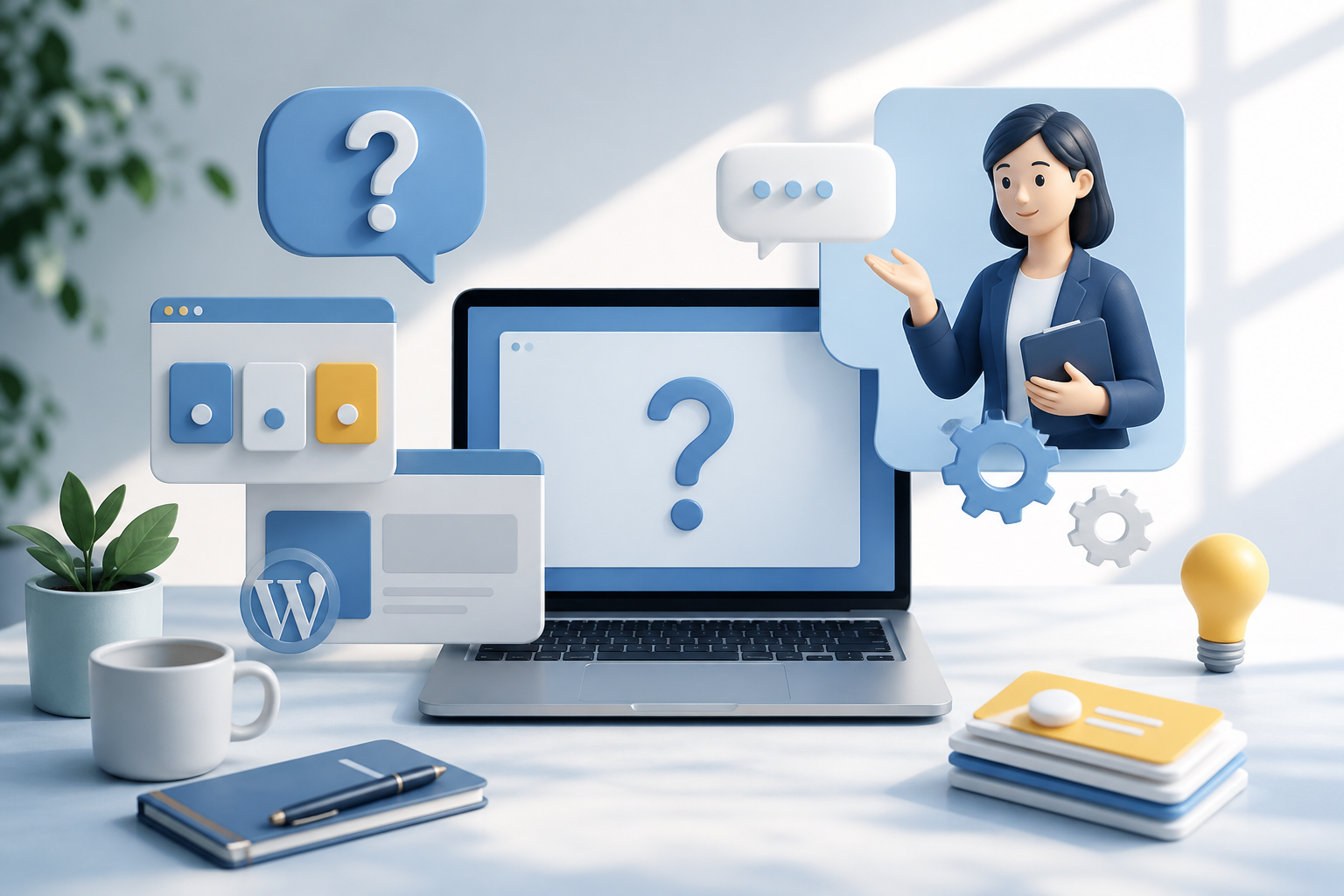 Webに関するよくある質問と相談窓口を表現する、明るく親しみやすい editorial-style のビジュアル。ノートパソコンの画面を中心に、Webサイト運用・保守、WordPress、デジタルツールを象徴するブラウザ画面、歯車、積み重なったカード、吹き出し、柔らかな疑問符のモチーフを整理して配置し、専門家が問題解決をサポートしている印象を演出する。清潔感のある白と淡いブルー、ネイビー、アクセントに明るいイエローを使った洗練された配色、柔らかな自然光、ミニマルなデスク環境、安心感と信頼感のある構図、コーポレートサイトのヒーローイメージ、高品質な3Dイラストとリアルな質感の融合。画像内に文字、ロゴ、ブランド名、読めるUIテキストは一切入れない。