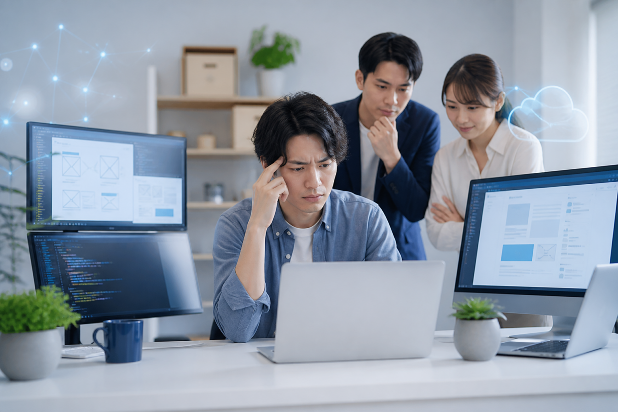 Webサイトの移設・リニューアルやWordPress運用に悩むWeb制作フリーランスを描く、落ち着いた editorial-style のビジネスイメージ。自宅または小規模な制作オフィスで、若いフリーランス制作者がノートパソコンの前で困った表情を浮かべ、複数の画面にWebサイトのレイアウト、コード、テスト環境と本番環境を連想させる抽象的なUIが表示されている。背後には、技術面を支援するエンジニアとデザイナーの男女二人が協力し、安心感のある表情で画面を確認している。移設、保守、トラブル解決、クリエイターへの後方支援を象徴する、整理されたワークスペース、サーバーやクラウドを思わせる控えめな光のグラフィック、青と白を基調にした信頼感のある配色。人物は自然で親しみやすく、過度に企業広告的ではない。画面内には読める文字、ロゴ、ブランド名、タイトル、キャプションを一切入れない。高品質な写真風、柔らかな自然光、清潔感、横長構図。