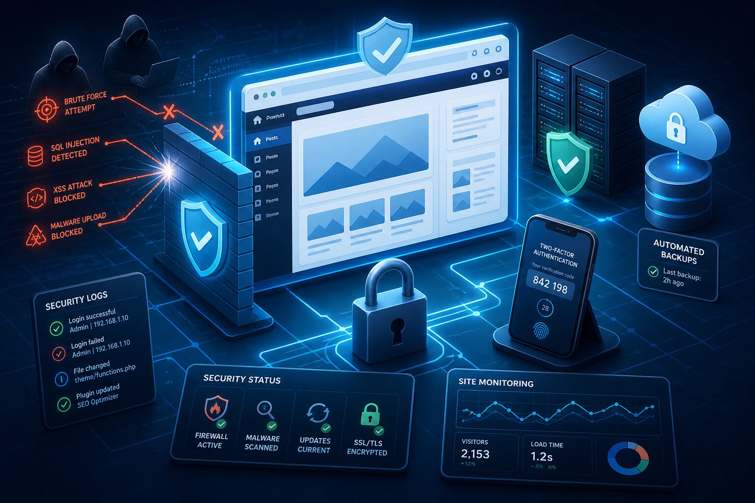 Editorial cybersecurity illustration of a WordPress website protected by layered defenses: a glowing browser dashboard with a subtle WordPress-style CMS interface, shield icons, firewall barriers, a padlock, two-factor authentication phone, server racks, backup cloud storage, security logs, and monitoring charts surrounding the site; in the background, faint abstract hacker silhouettes and attack attempts being blocked; clean modern isometric composition, professional tech blog hero image, blue and teal color palette with orange warning accents, high detail, polished lighting, no text, no logos, no branding