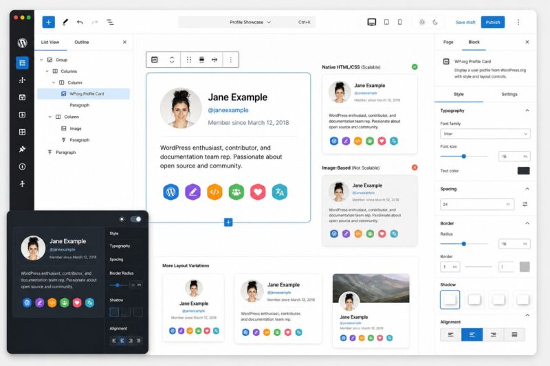Editorial-style close-up of a modern WordPress admin interface and block editor on a clean desktop screen, showing a native HTML/CSS-rendered WordPress.org profile card inside a Gutenberg block: avatar, username, registration date, and colorful badge icons arranged neatly in a responsive card layout. Include subtle UI elements suggesting block style controls like typography, spacing, border radius, shadow, and alignment panels, with one card variation in the main canvas and small preview thumbnails of alternate layouts nearby. Visualize the contrast between image-based cards and native HTML rendering through crisp, scalable typography and sharp edges, with light mode and dark mode design cues reflected in the interface. Sleek, product-focused, minimal workspace, soft natural lighting, high detail, professional software showcase aesthetic, no readable text, no logos, no watermarks.