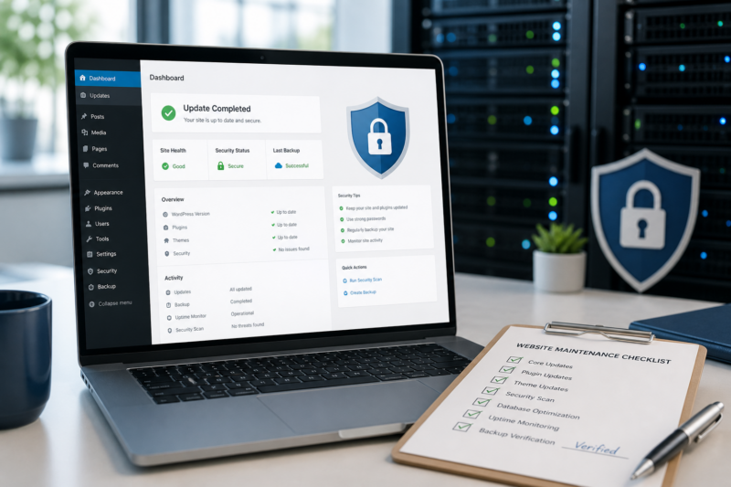 Editorial-style cybersecurity and website maintenance scene: a modern laptop displaying a generic WordPress-like admin dashboard with an update completed status, subtle shield and lock icons, secure server racks in the background, a checklist with completed items and backup verification on a clean desk, cool blue and white palette, professional IT support atmosphere, soft natural lighting, shallow depth of field, high-detail realistic illustration, no visible text, no logos, no branding