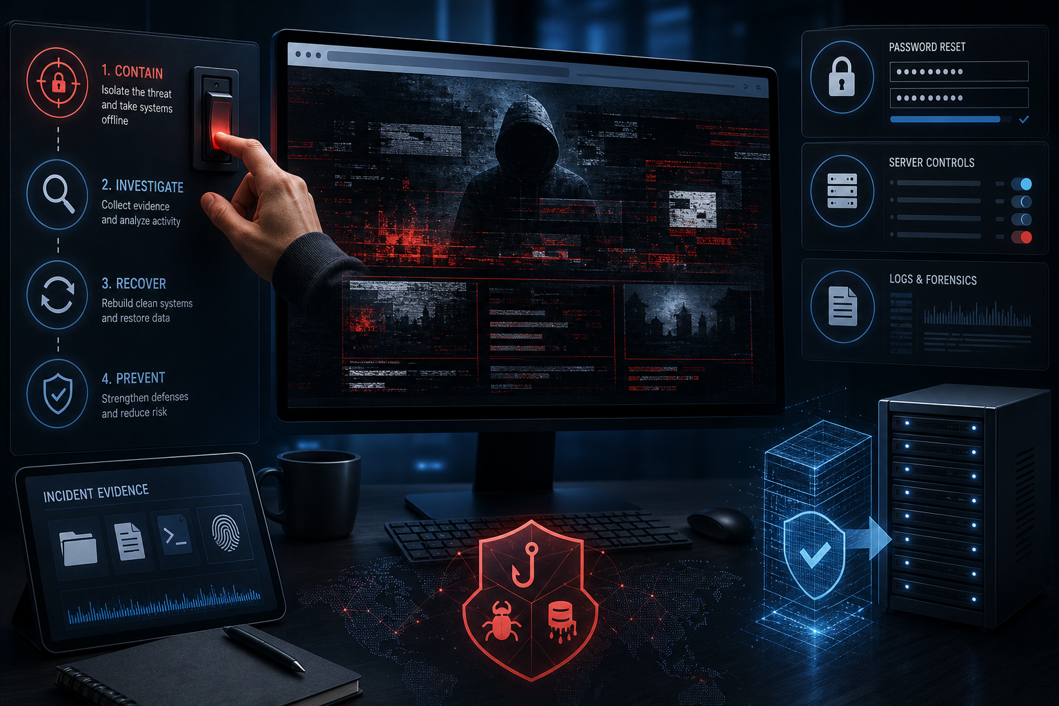 Create a high-quality editorial-style cybersecurity illustration: a small business website displayed on a computer monitor showing a distorted, defaced homepage with ominous abstract hacker imagery and corrupted interface elements, but no readable words, captions, logos, or branding. Around the workstation, convey an incident-response process: a hand switching the website offline, password reset and server-control panels represented by abstract icons, preserved log files and forensic evidence, a secure clean server being rebuilt, and a subtle warning shield indicating phishing, malware, and data-leak risks. The mood should be urgent but calm and professional, emphasizing containment, investigation, recovery, and prevention rather than sensationalism. Dark navy and charcoal background with restrained red warning accents, cool blue monitor glow, clean composition, realistic yet polished magazine illustration, modern cybersecurity editorial art, wide horizontal composition with clear visual hierarchy.